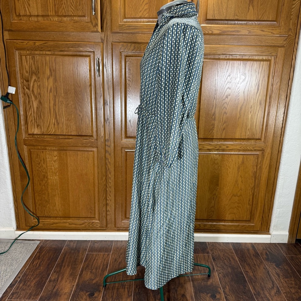 J. McLaughlin Green Blue Geometric Silk Shirt Dress Drawstring Waist L - Picture 10 of 13